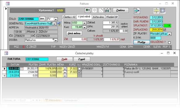Platba faktury v USD provedená bankovním výpisem z účtu vedeného v EUR.