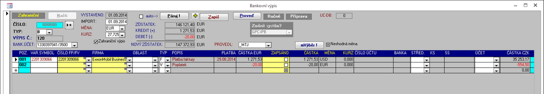 Zpárovaný bankovní výpis - faktura vystavená v jiné měně než je měna platby (bankovní účet v EUR).