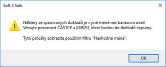 Upozornění na rozdílnost měn při hromadném párování s fakturami.