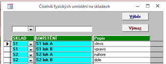 Číselník fyzických umístění na skladech.