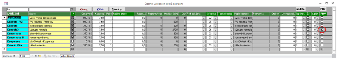 Příznak pro příjem hotového výrobku v Číselníku strojů.