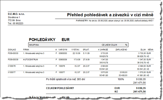 Detailní saldo v cizí měně s přepočtem na měnu tuzemskou k určitému dni.