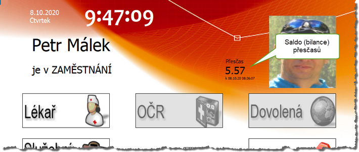 Docházkový terminál - zobrazení bilance odpracovaných hodin.