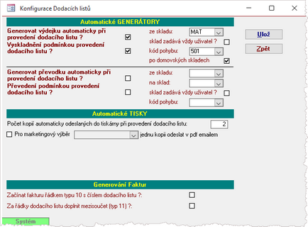 Konfigurace Dodacích listů - část systémová