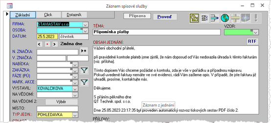 Ukázka záznamu odeslání upomínky ve Spisové službě.