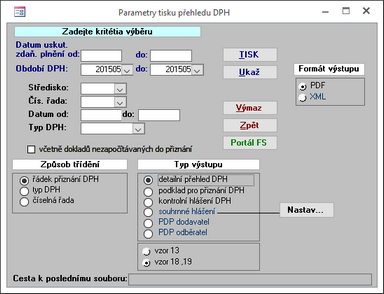 Výběrová kriteria pro tisk a export podkladů pro finanční úřad.