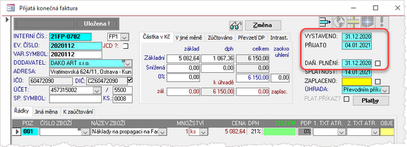 Přiajtá faktura s DUZP v minulém účetním období.