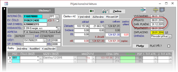 Přijatá faktura s jiným DUZP na přelomu účetních období.