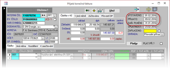 Pro správné zaúčtování je třeba správně nastavit datum ...