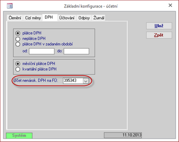 Vybráním účtu zapnete funkčnost přeúčtování DPH do jiného období.