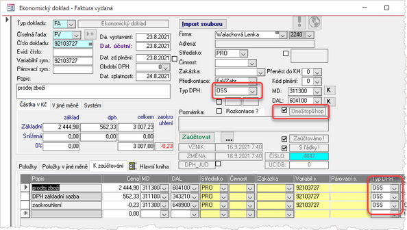 Ekonomický doklad - faktura vystavená a zaúčtovaná v režimu OSS