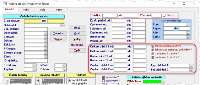 Parametrické okno pro tvorbu Křížových tabulek vystavených faktur