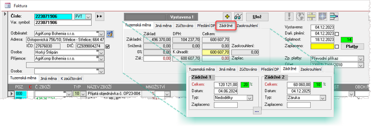 Stanovení až dvou typů zádržného na Vystavené faktuře.