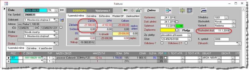 Na Dobropisu, kde je součet základů daně záporný se nabídne k vyplnění Datum rozhodných skutečností.