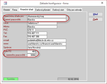 Konfigurace modulu Ekonomika - Finanční úřad