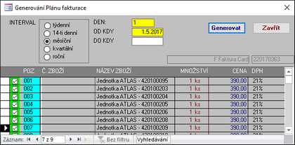 Konfigurační okno pro hromadné vygenerování Plánu fakturace.