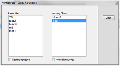 Konfigurační okno pro výběr kalendáře, úkolů.
