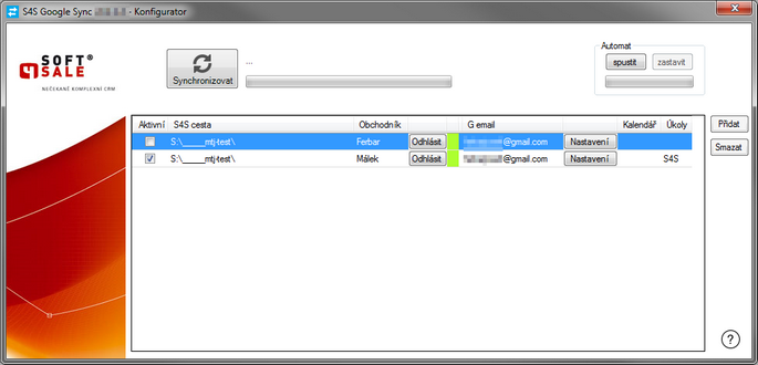 Hlavní konfigurační okno aplikace S4S Google Sync