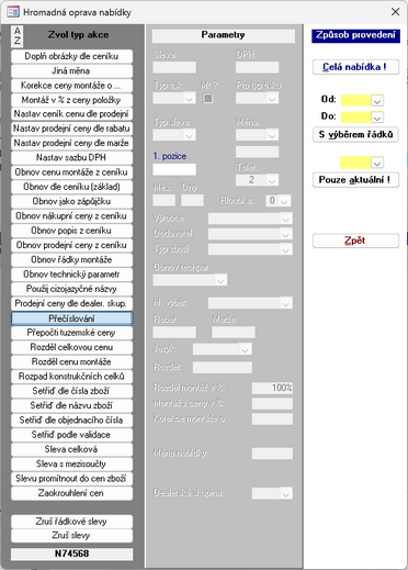 Nabídka funkcí pro hromadné opravy dokladu