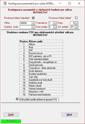 Konfigurace parametrů pro výkaz INTRASTAT