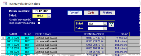 Přehled již realizovaných inventur Nástroj pro vytvoření NOVÉ inventury