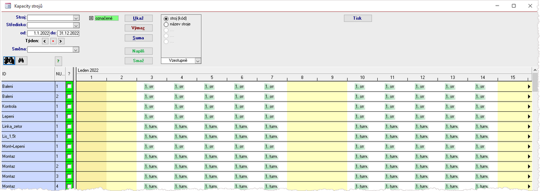 Kapacity strojů - hromadně předvyplněné Typickými směnami.