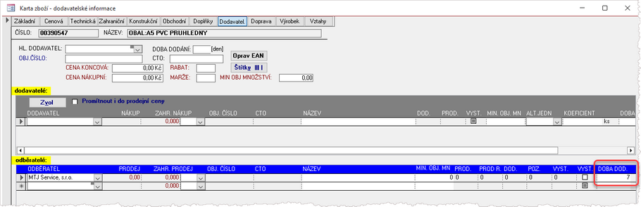 Ceníková karta zboží - záložka Dodavatel - dohodnutá Doba dodání pro Odběratele.
