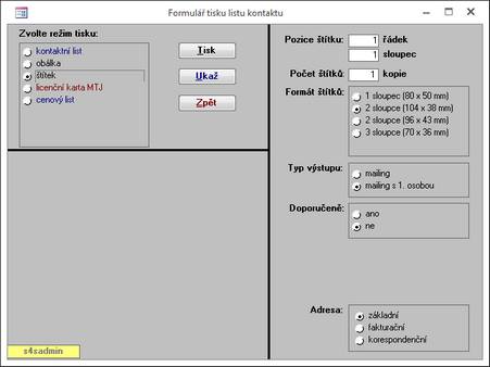 Konfigurační karta pro tisk adresních štítků.