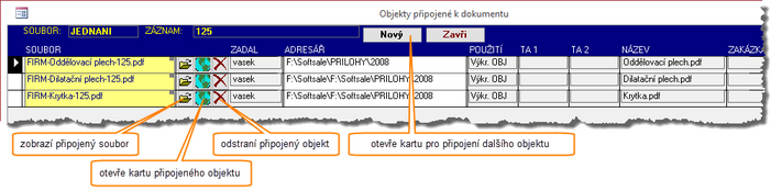 Přehledová karty pro více připojených objektů k dokumentu