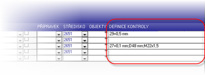 Definice kontrolovaných hodnot operace.