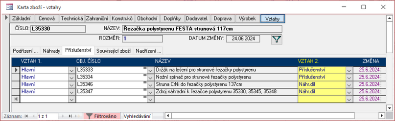 Pohled na karty zboží, které jsou vhodným příslušenstvím, nebo náhradním dílem ...