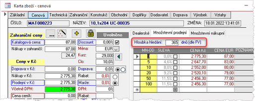 Parametr hloubky hledání pro přidělení množstevní ceny na základě již prodaného zboží.