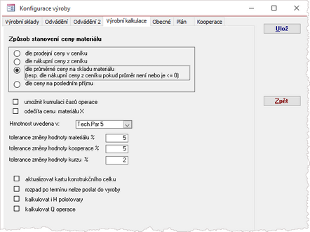 Konfigurace výroby - záložka Výrobní kalkulace