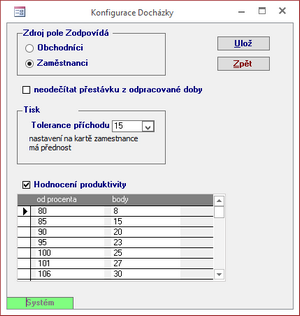 Konfigurace parametrů modulu Docházky