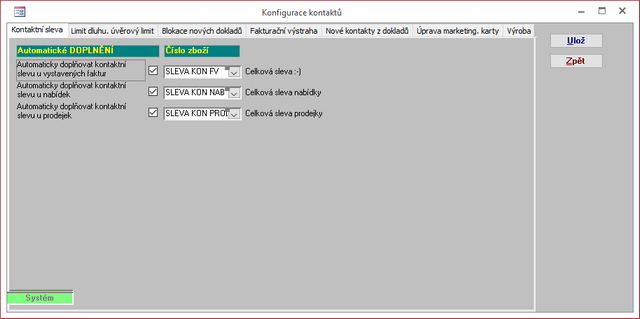 Konfigurace kontaktů - definice doplňování kontaktní slevy.