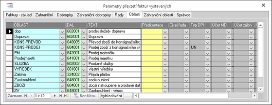 Konfigurace převzetí vystavených faktur - podle oblastí.