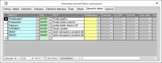 Konfigurace převzetí vystavených faktur - podle oblastí pro zahraniční faktury.