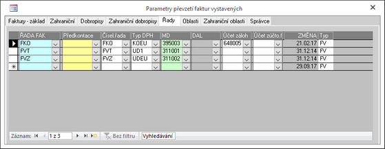 Konfigurace převzetí vystavených faktur - podle číselných řad.