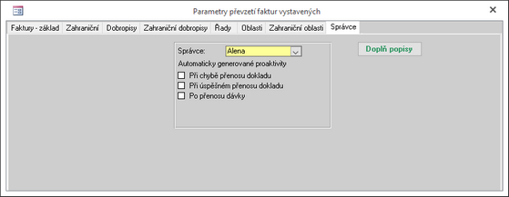 Konfigurace převzetí vystavených faktur - definice Správce agendy.