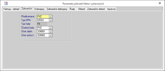 Konfigurace převzetí vystavených faktur - pro "zahraniční" faktury.