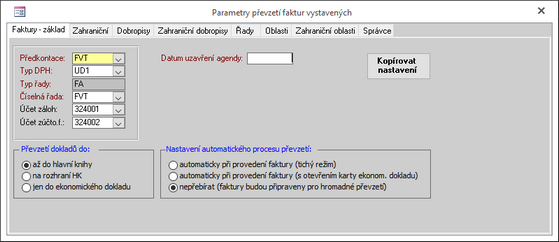 Konfigurace převzetí Faktur vystavených - základní nastavení.