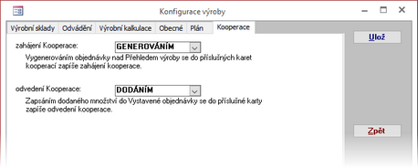 Konfigurace výroby - záložka KOOPERACE