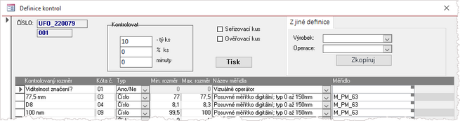 Karta definice kontrol pro konkrétní výrobní operaci.