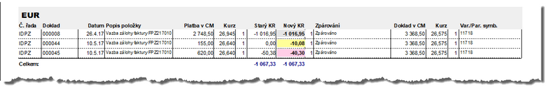 Návrh kurzových rozdílů plateb zálohových faktur.