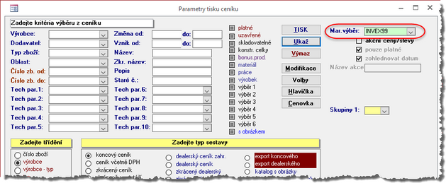 Tisk ceníků a přehledů zboží - možnost filtrace marketingovým výběrem.