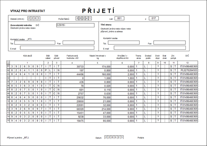 Ukázka tiskového výstupu podkladů pro vytvoření výkazu INTRASTAT