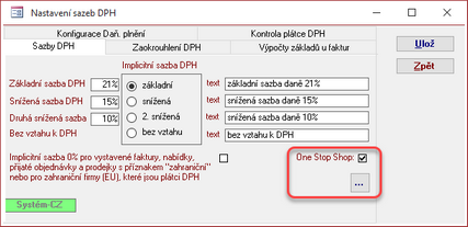 Nastavení sazeb DPH - aktivace režimu One Stop Shop.