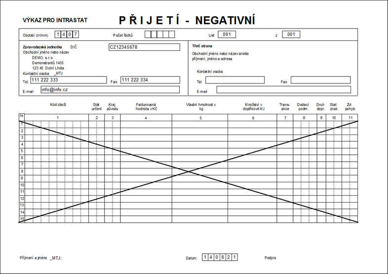 Negativní hlášení Intrastat - tisková podoba.