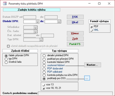 Parametry tisku přehledů pro DPH