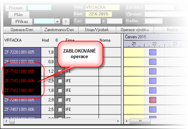 Plánování výroby - Barevevné zvýraznění Zablokovaných operací.